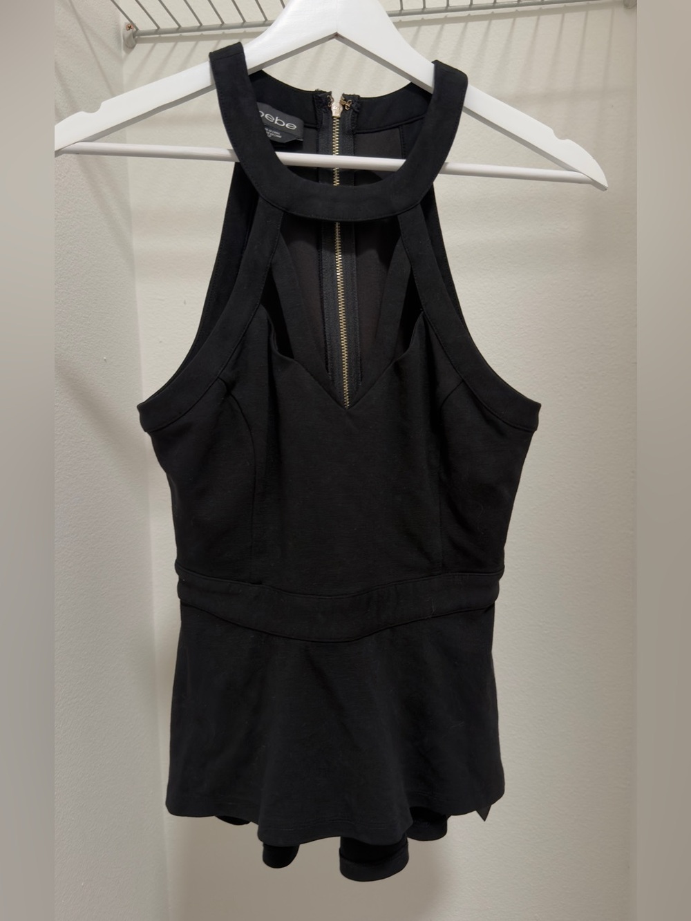 bebe Y2K Black Backless Halter Peplum Top